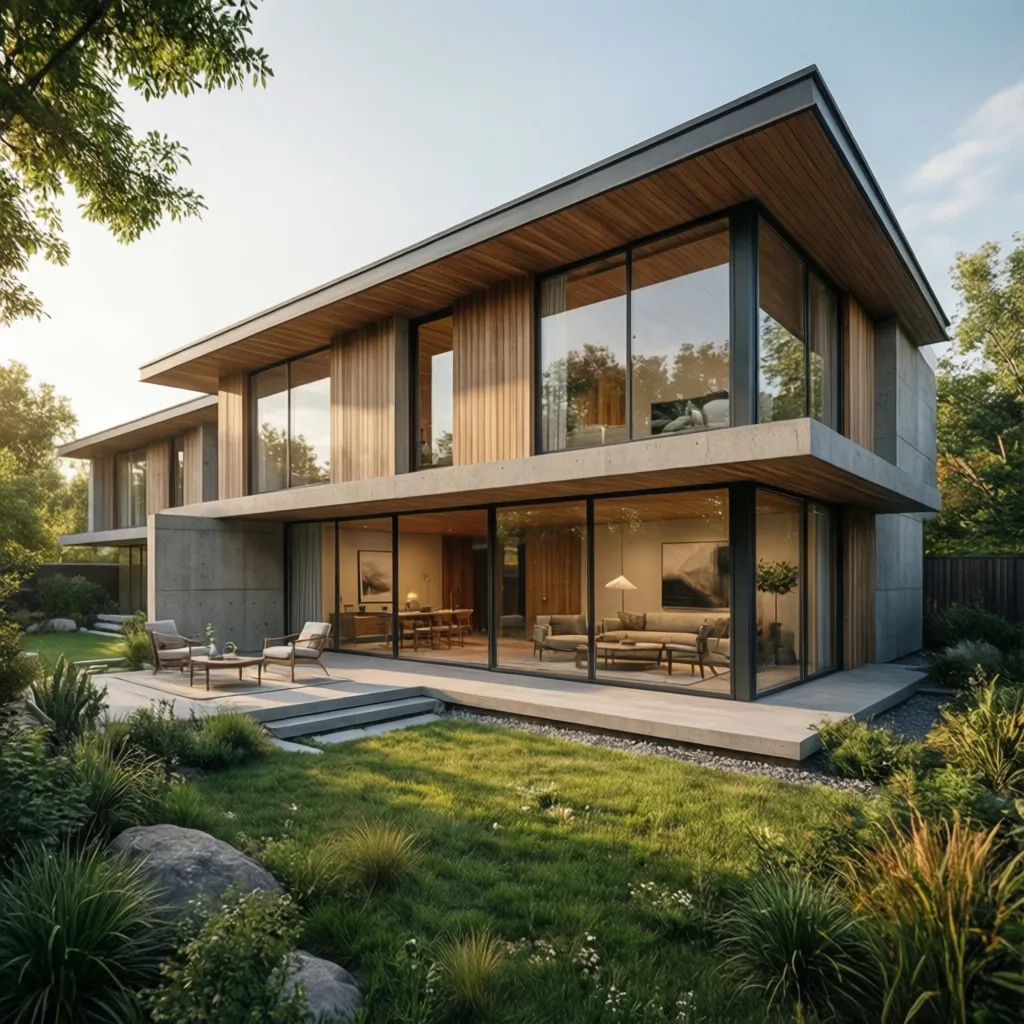 Modern two story house exterior featuring large glass walls wooden panels garden and green lawn