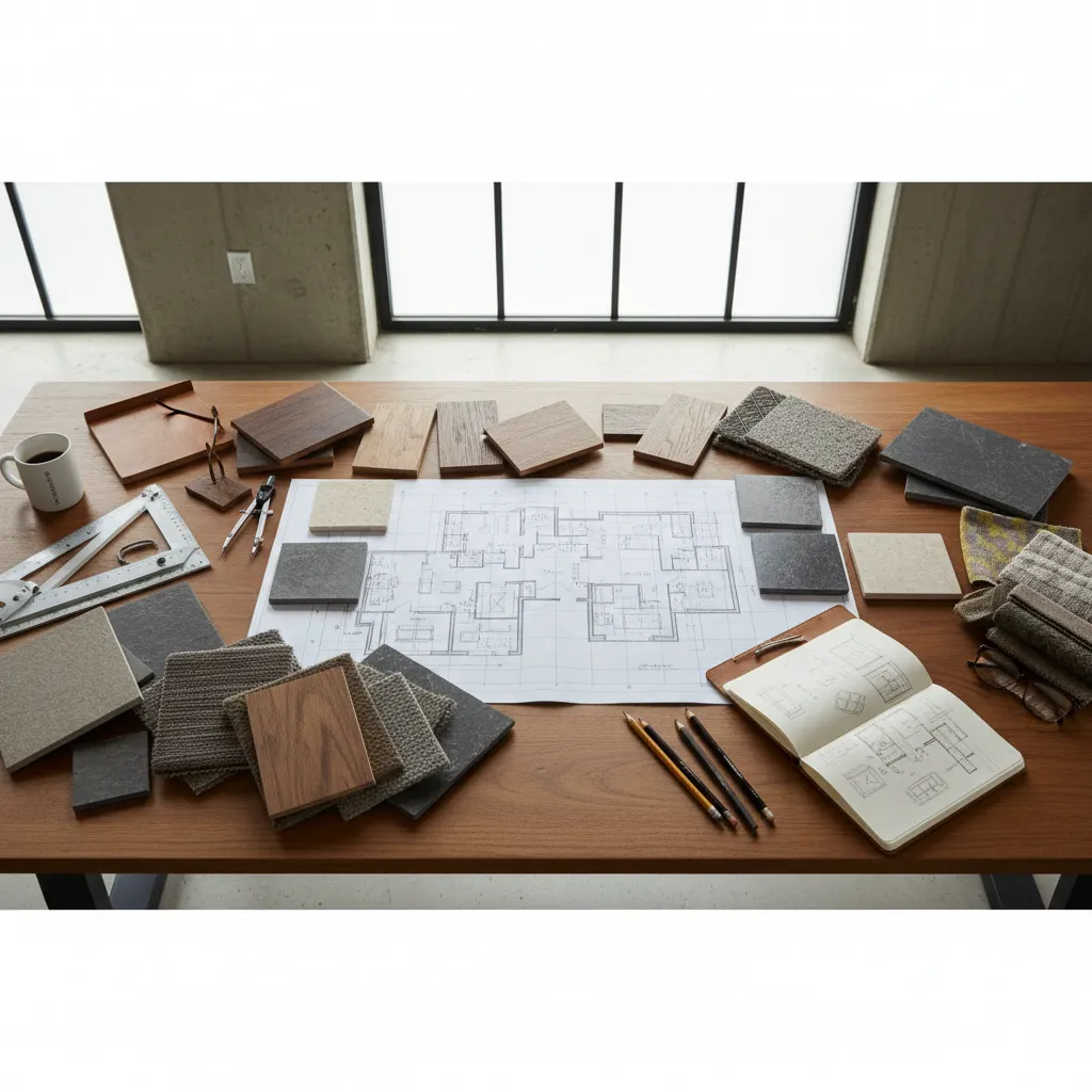 Wooden table with house floor plan surrounded by many different material samples and interior design tools