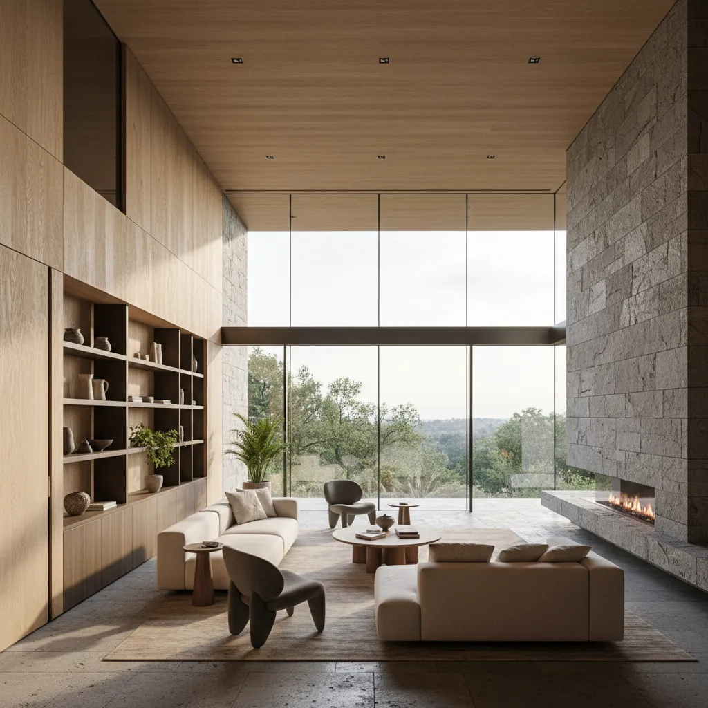 Modern living room with tall wood ceilings stone fireplace wall large windows and forest view