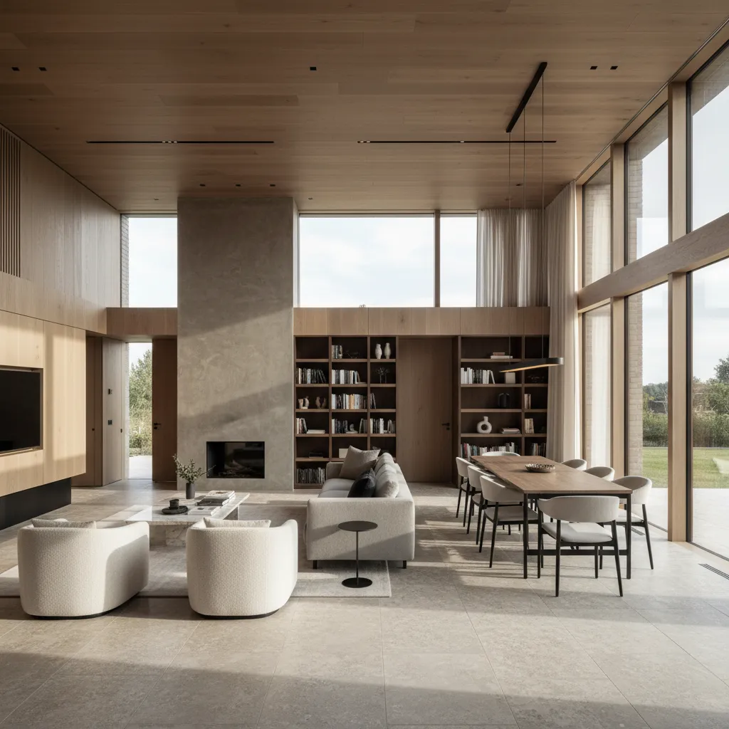 Spacious open living room with wooden ceiling grey sofa dining table large windows and fireplace