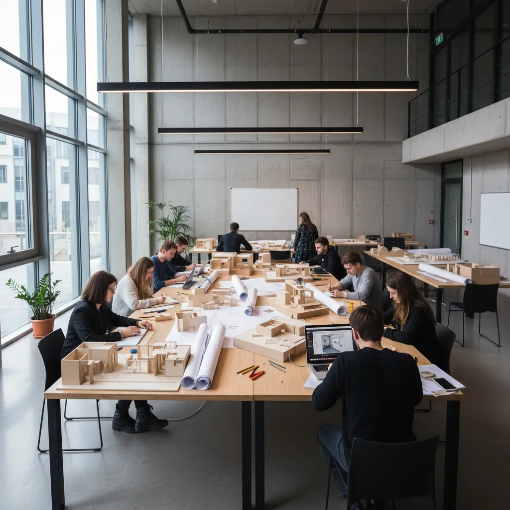 Interior design students working on house models at large wooden tables in a bright studio