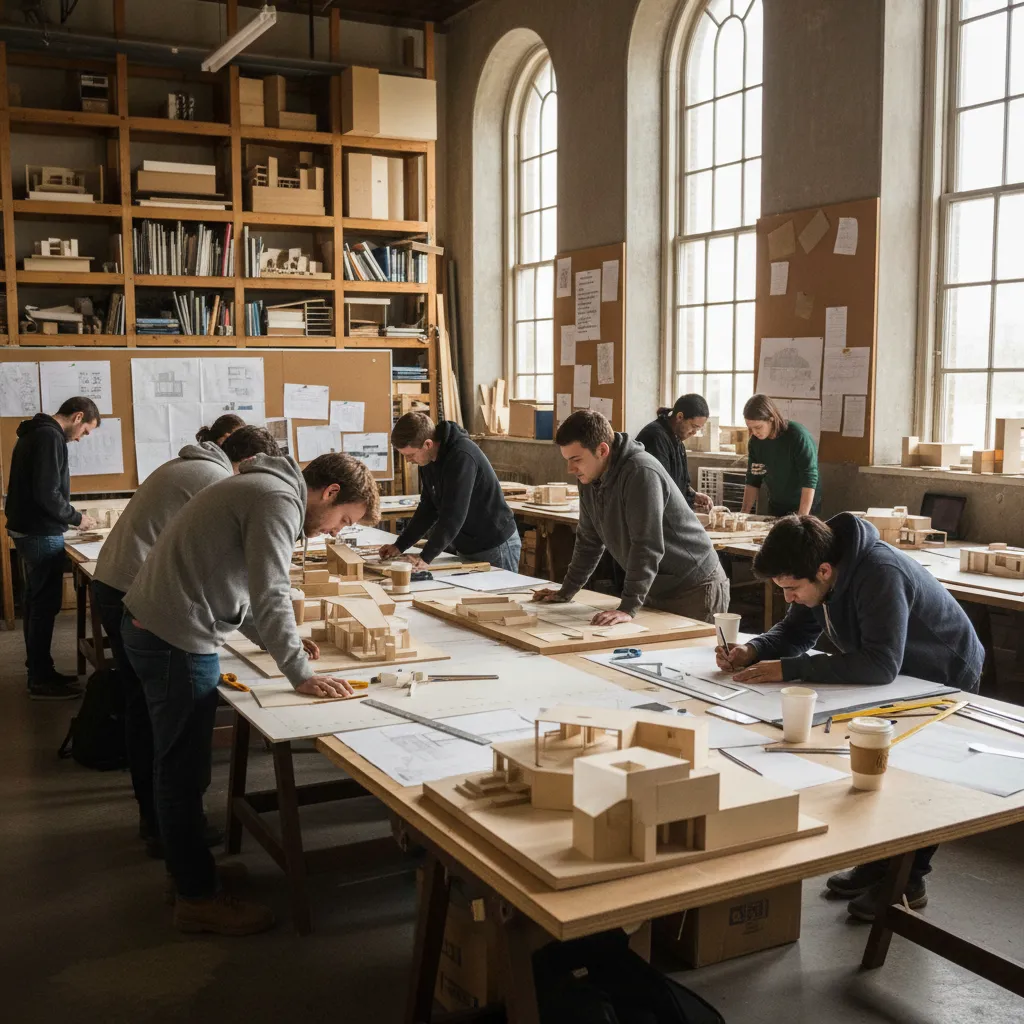 Estudiantes de arquitectura trabajando en planos y maquetas