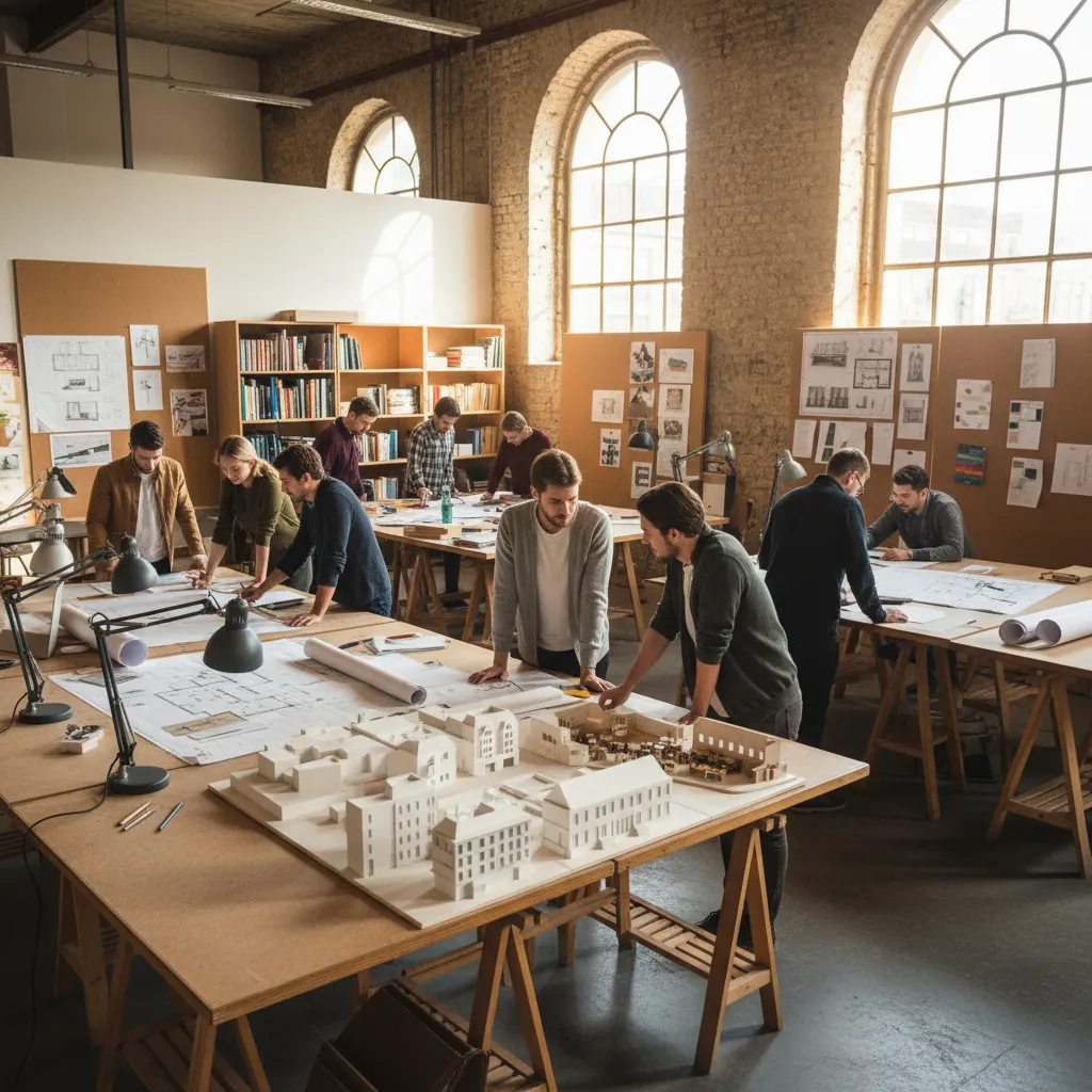Estudio de arquitectura con planos y maquetas de interiorismo