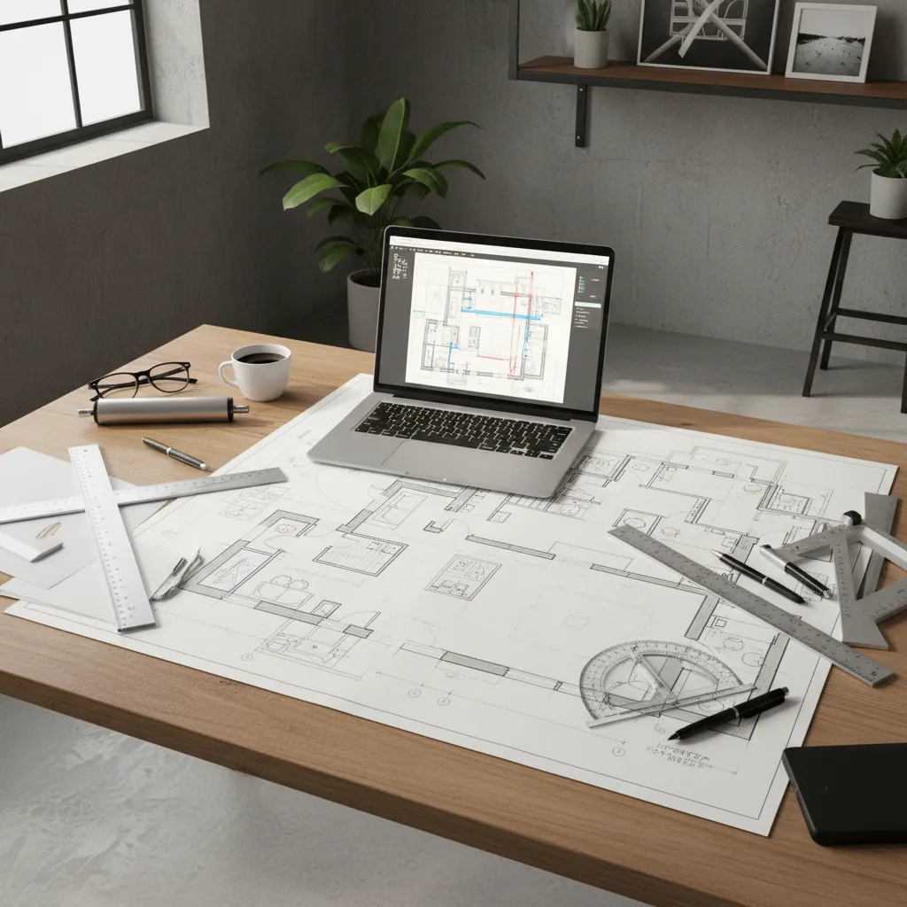 Laptop on wooden desk displaying interior design drawing with paper floor plans and drawing tools