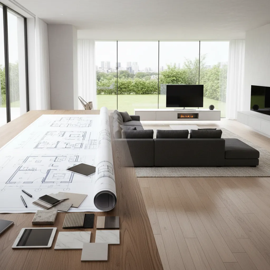 Comparison showing paper room layout plan and a finished three dimensional interior design drawing result