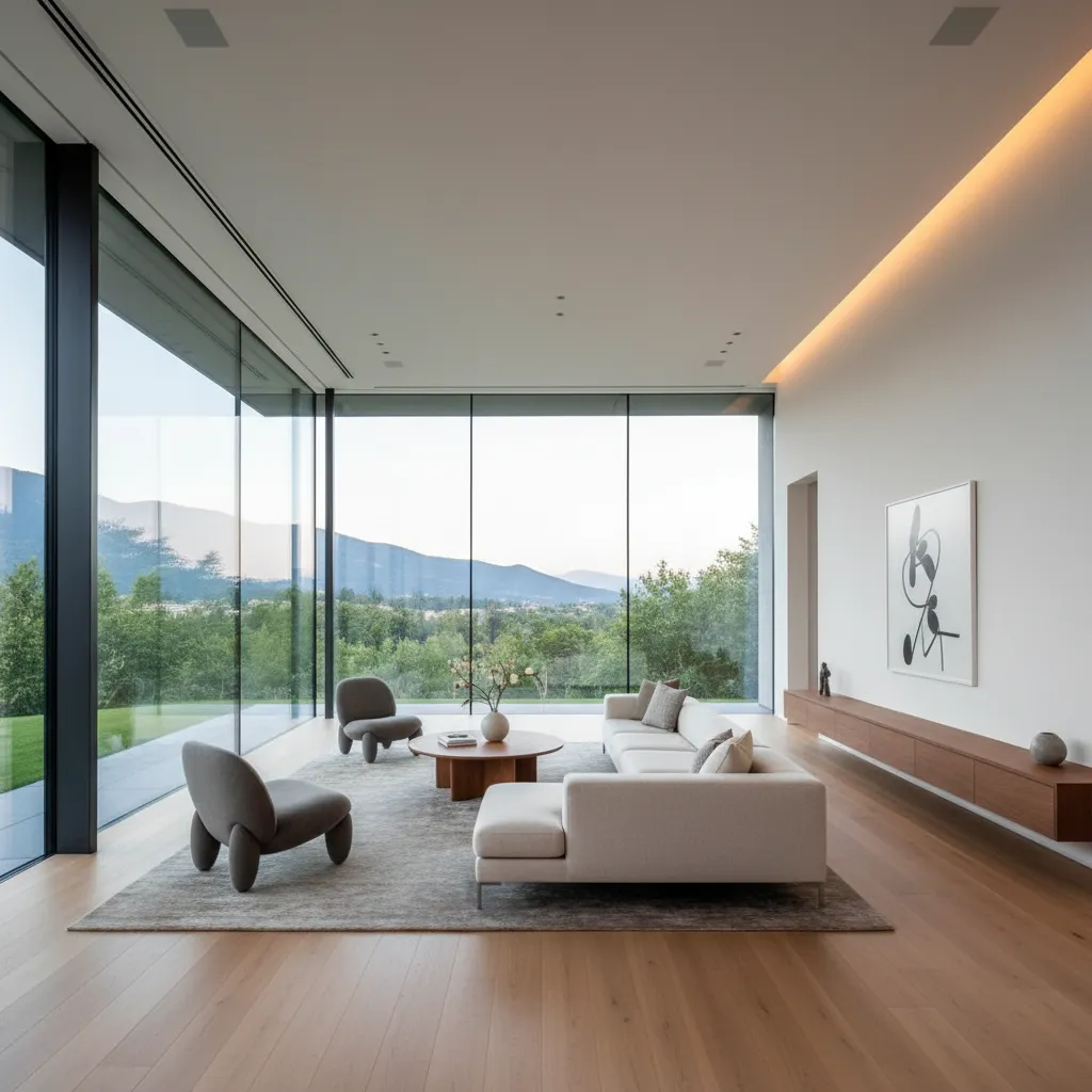 Minimalist living room with floor to ceiling windows, white sofa, grey chairs, and mountain views