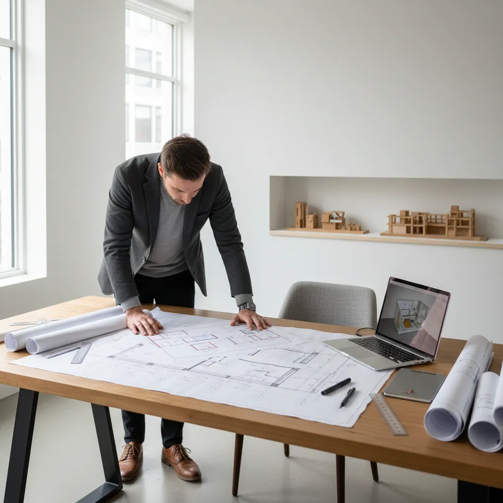Man leaning over a wooden table looking at house floor plans next to a laptop