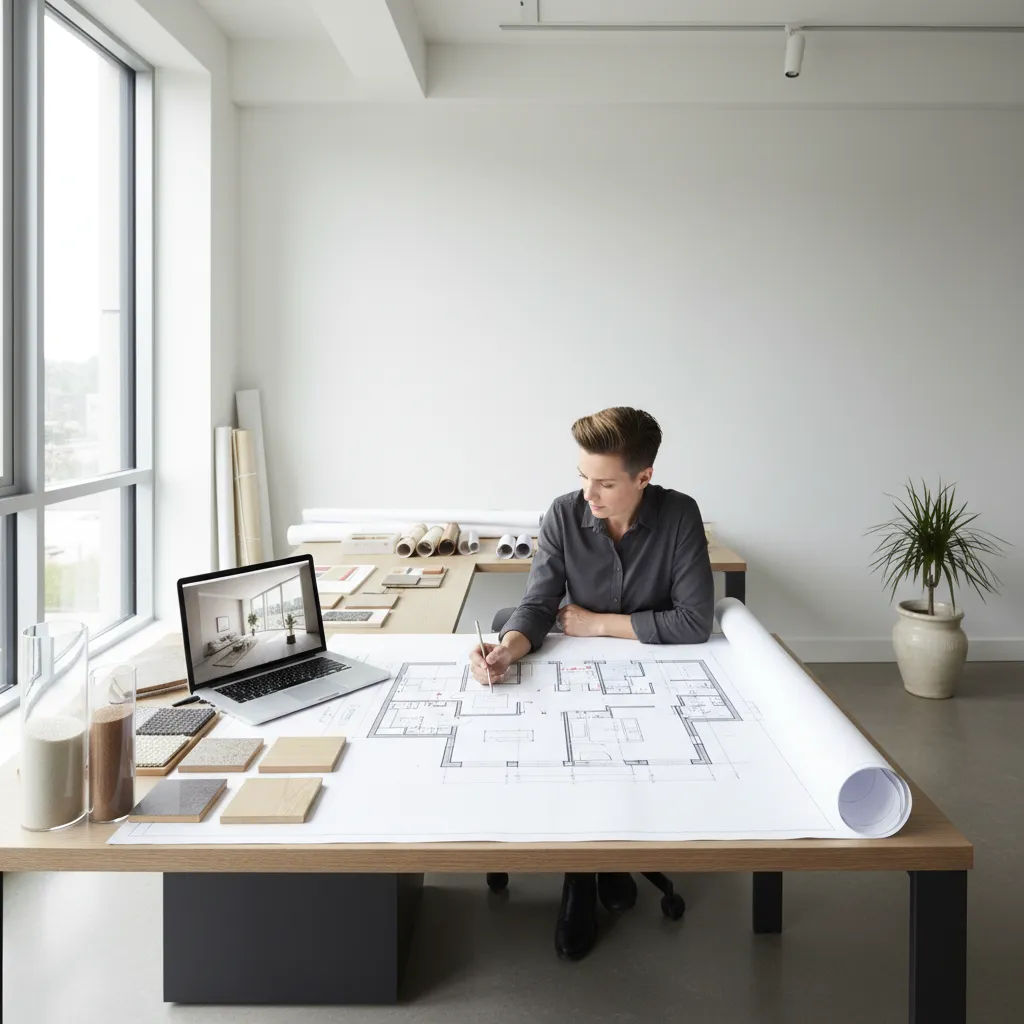 Arquitecto de interiores revisando planos de distribución en un estudio de diseño