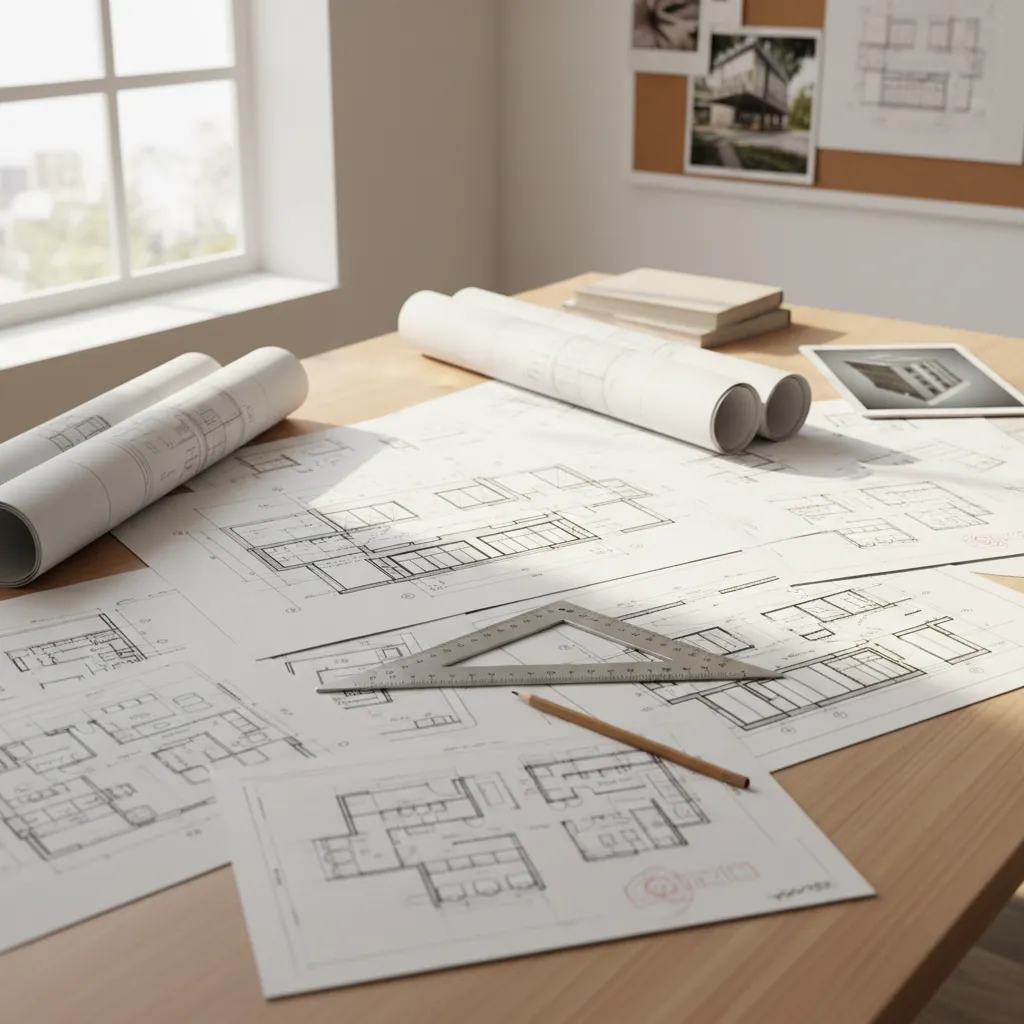 Planos arquitectónicos y herramientas de dibujo sobre una mesa