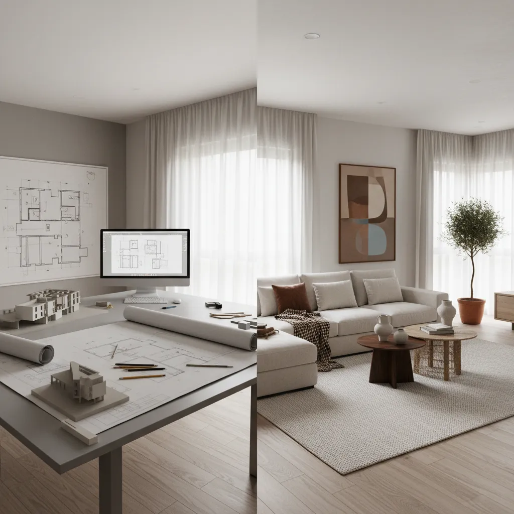 Comparison of interior design drawing on a desk versus a finished living room with sofa