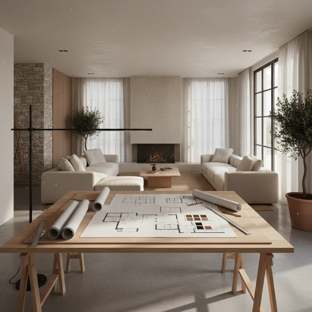Interior design drawing of a living room with white sofas fireplace and table floor plans