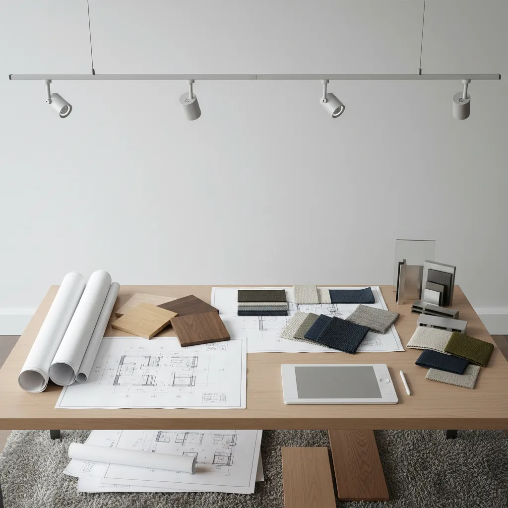 Mesa de trabajo con planos arquitectónicos y muestras de materiales de interiorismo