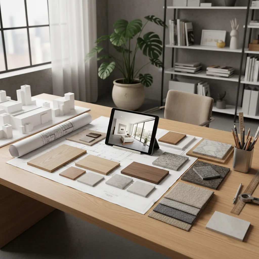 Mesa de trabajo con planos arquitectónicos, muestras de materiales y tablet de diseño