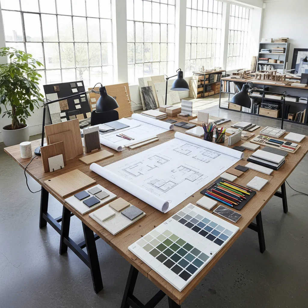 Mesa de trabajo con planos arquitectónicos y muestras de materiales de interiorismo