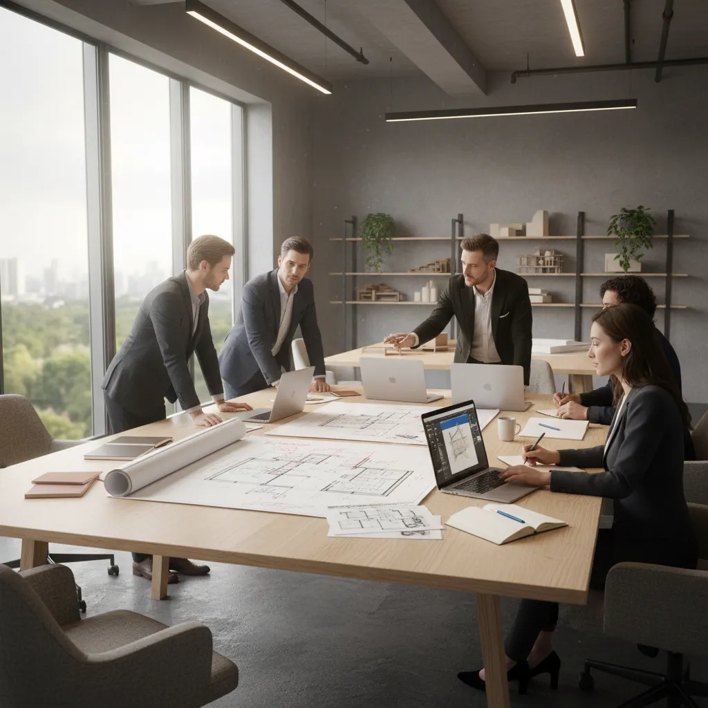 Professional designers meeting around wooden table discussing floor plans with laptops in bright modern office