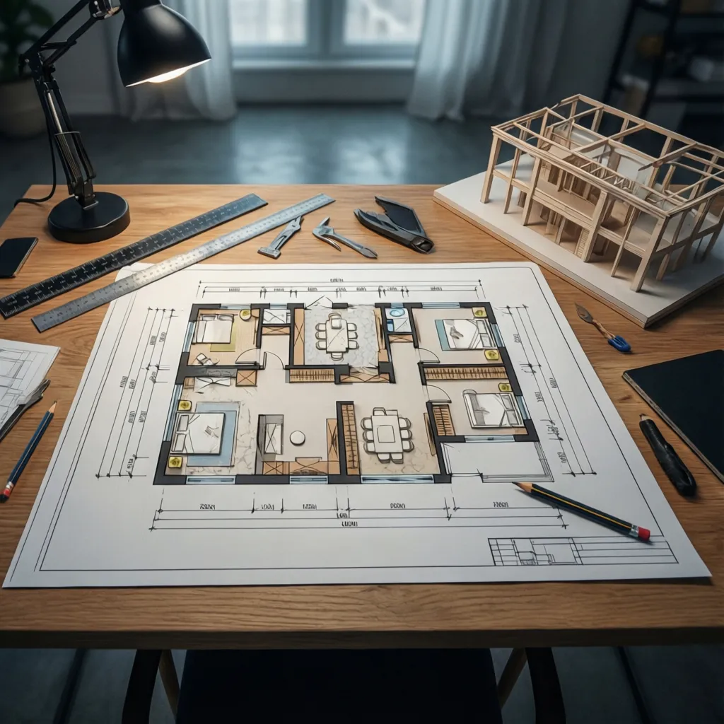 Plano arquitectónico sobre mesa con herramientas de diseño