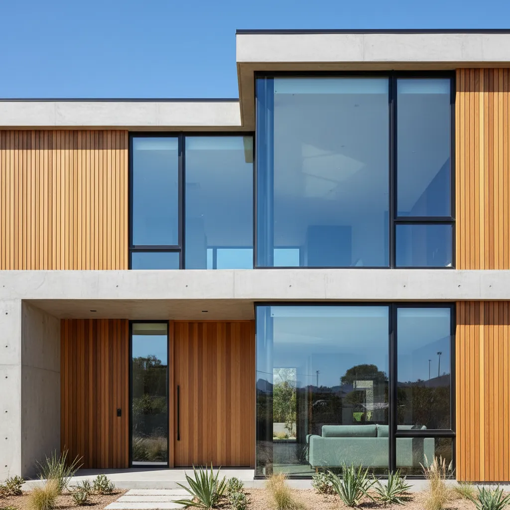 Fachada contemporánea con grandes paneles de vidrio