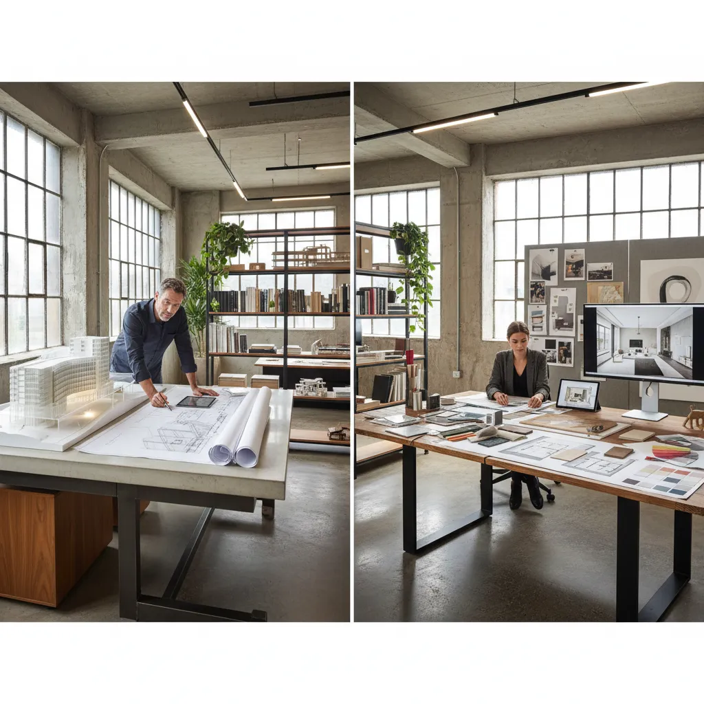 Side by side comparison showing building design plans and a professional interior design drawing layout