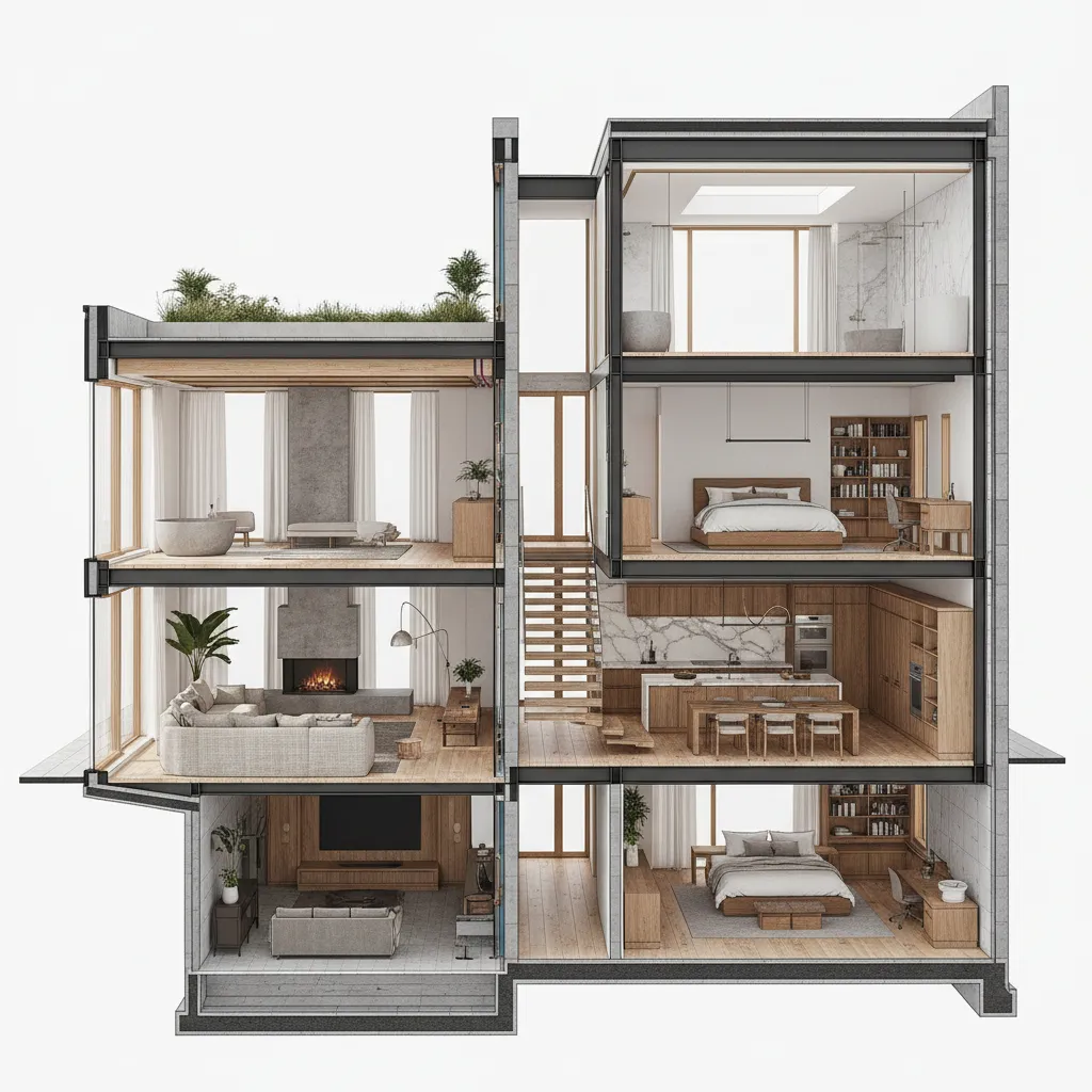 Comparación visual entre estructura arquitectónica y diseño interior de una vivienda