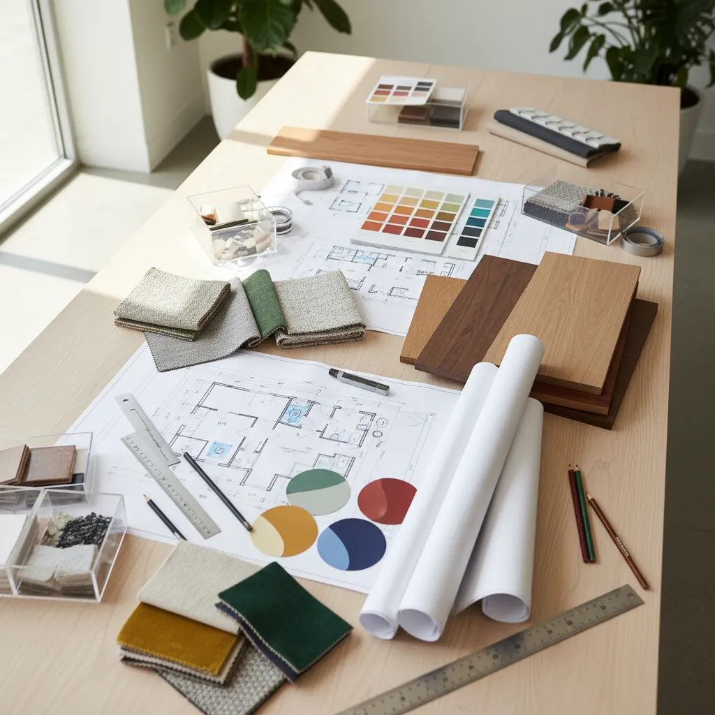 Planos arquitectónicos junto a muestras de materiales y bocetos de interiorismo