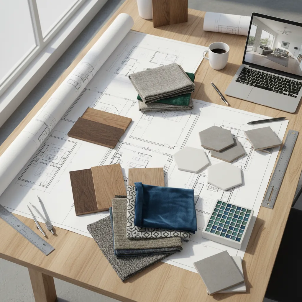 Planos arquitectónicos junto a muestras de materiales de interiorismo