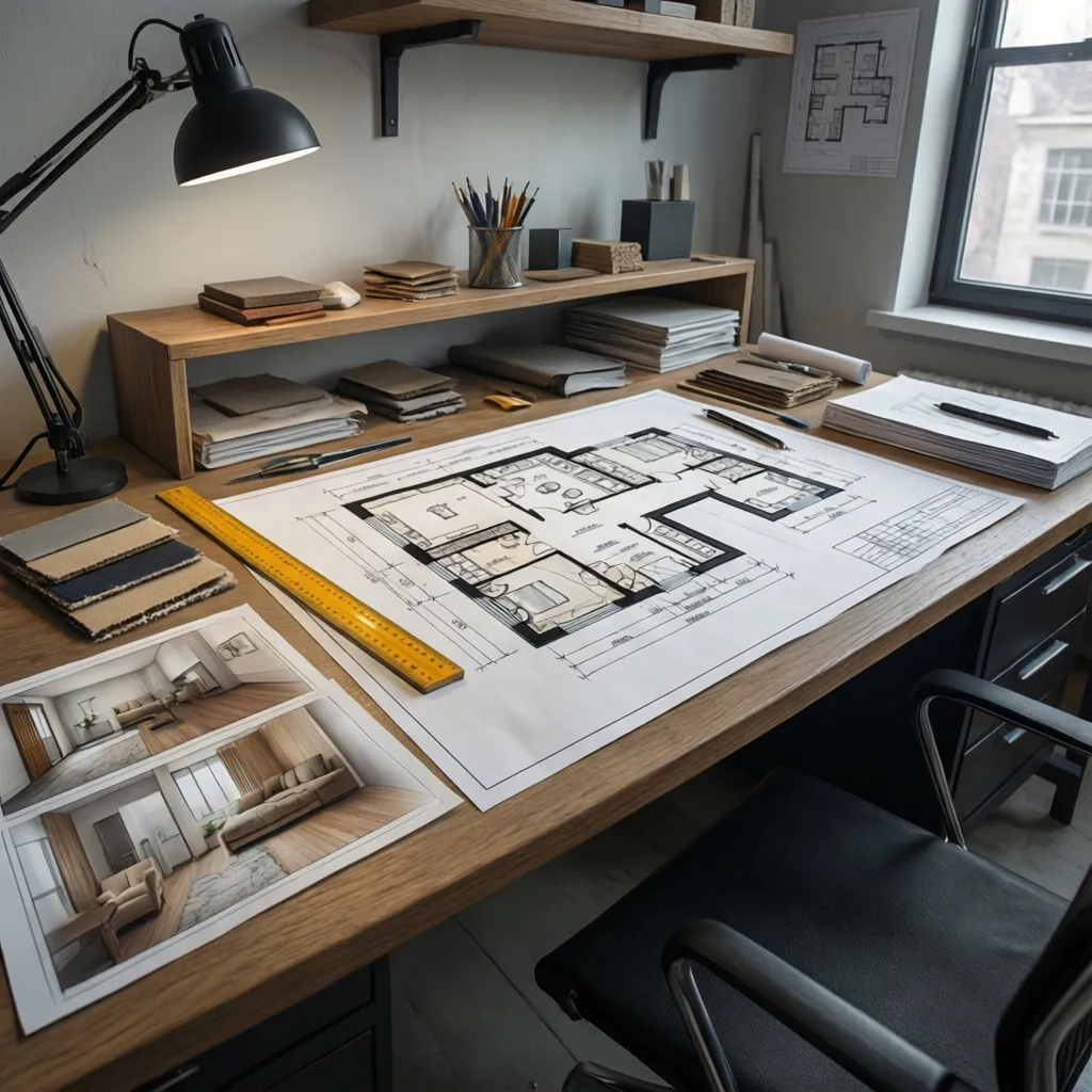 Mesa de trabajo con planos arquitectónicos y muestras de materiales de interiorismo
