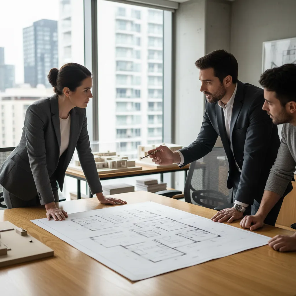 arquiteto mostrando planta de casa para cliente em reunião