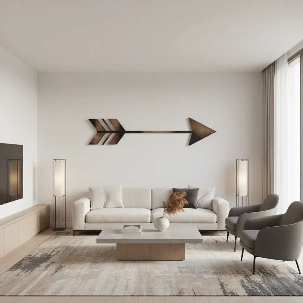 Living room layout with arrow wall decor above sofa