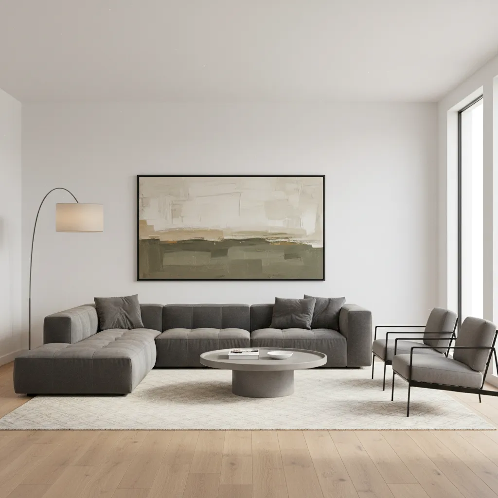 Large wall art aligned proportionally with sofa width in a living room