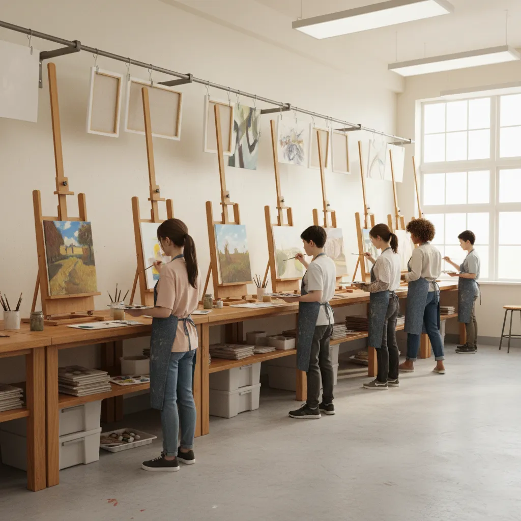 Art classroom with multiple students using wall mounted easels along a wall