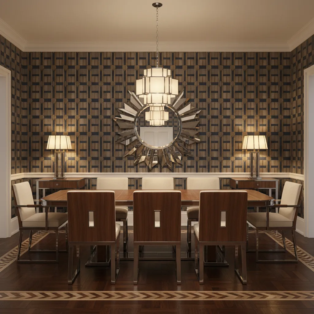 1920s Art Deco dining room with geometric patterns and chandelier