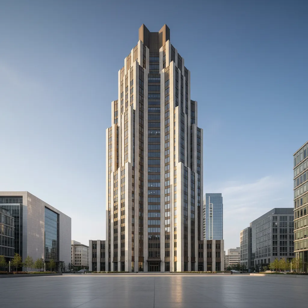 Modern building facade inspired by Art Deco architecture with vertical lines and stepped design
