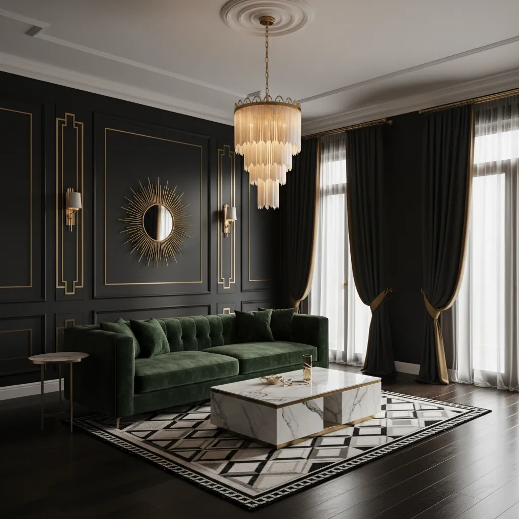 Interior Art Deco con paleta de colores negro, dorado y verde esmeralda