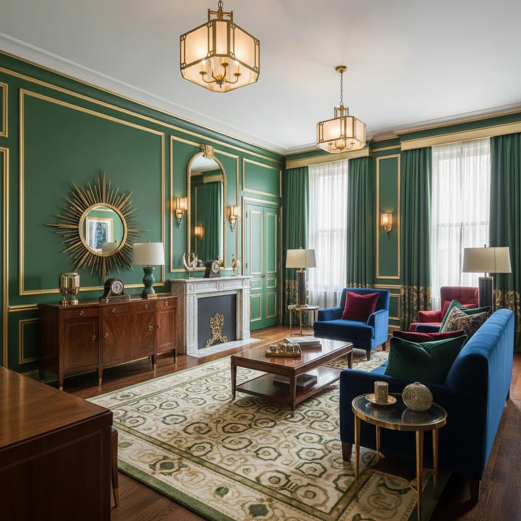 Interior con colores verde esmeralda, negro y dorado en estilo Art Deco