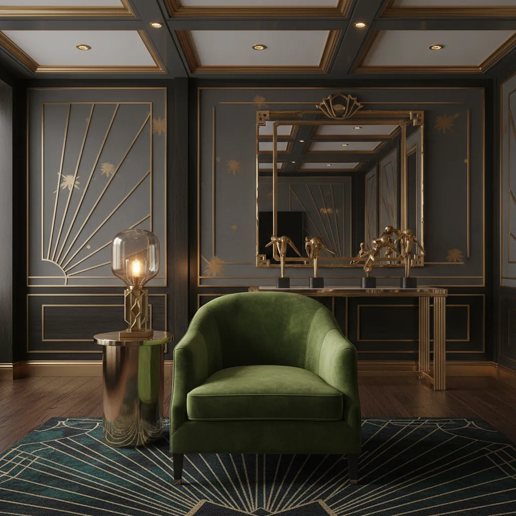 Interior con paleta de colores verde esmeralda y dorado estilo Art Déco