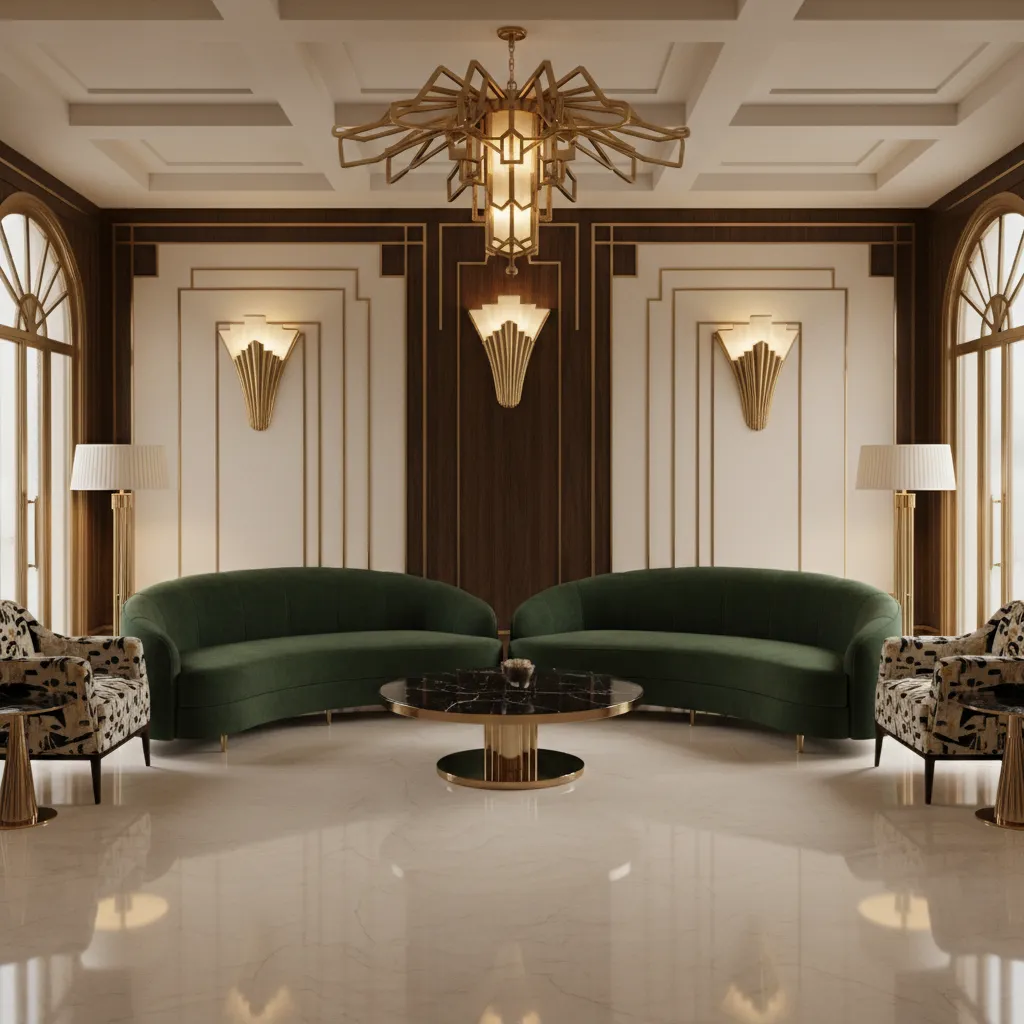 3D rendered Art Deco interior used to test lighting and composition
