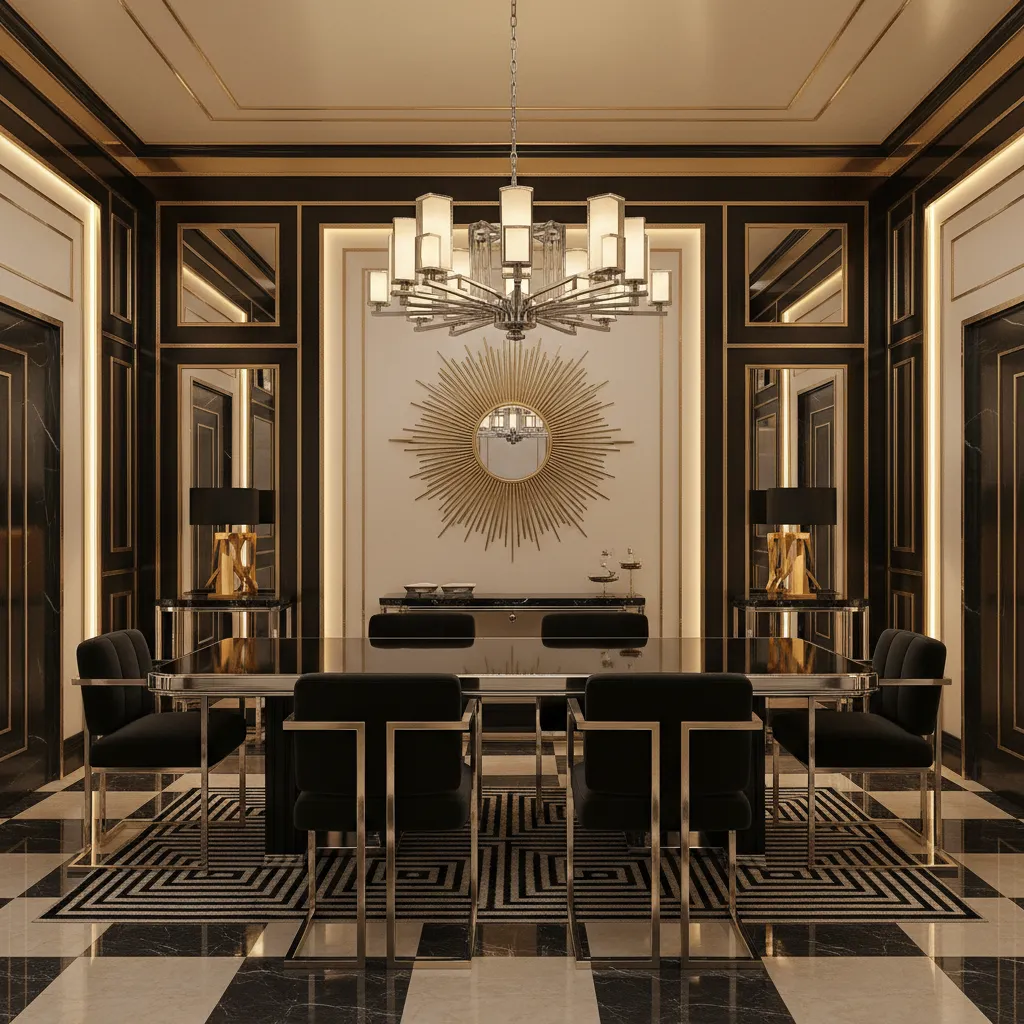 Art Deco dining room with geometric furniture and chrome chandelier