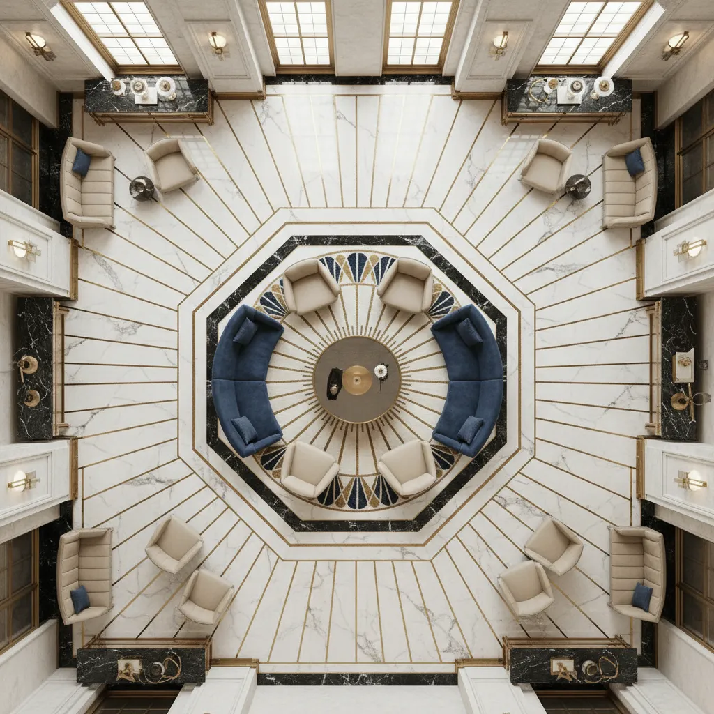 Interior floor layout demonstrating geometric planning typical of Art Deco design