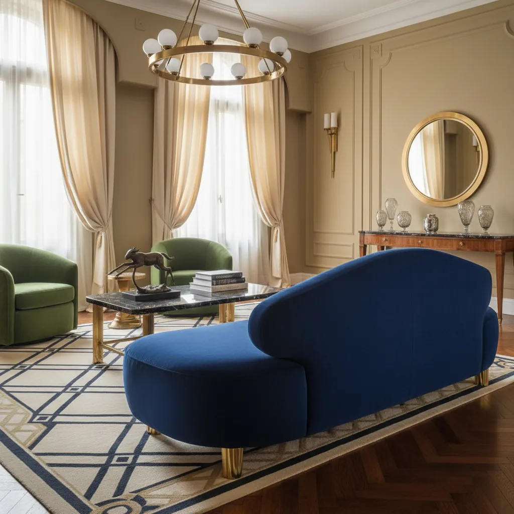 Muebles curvos con terciopelo y metal en interior estilo Art Déco