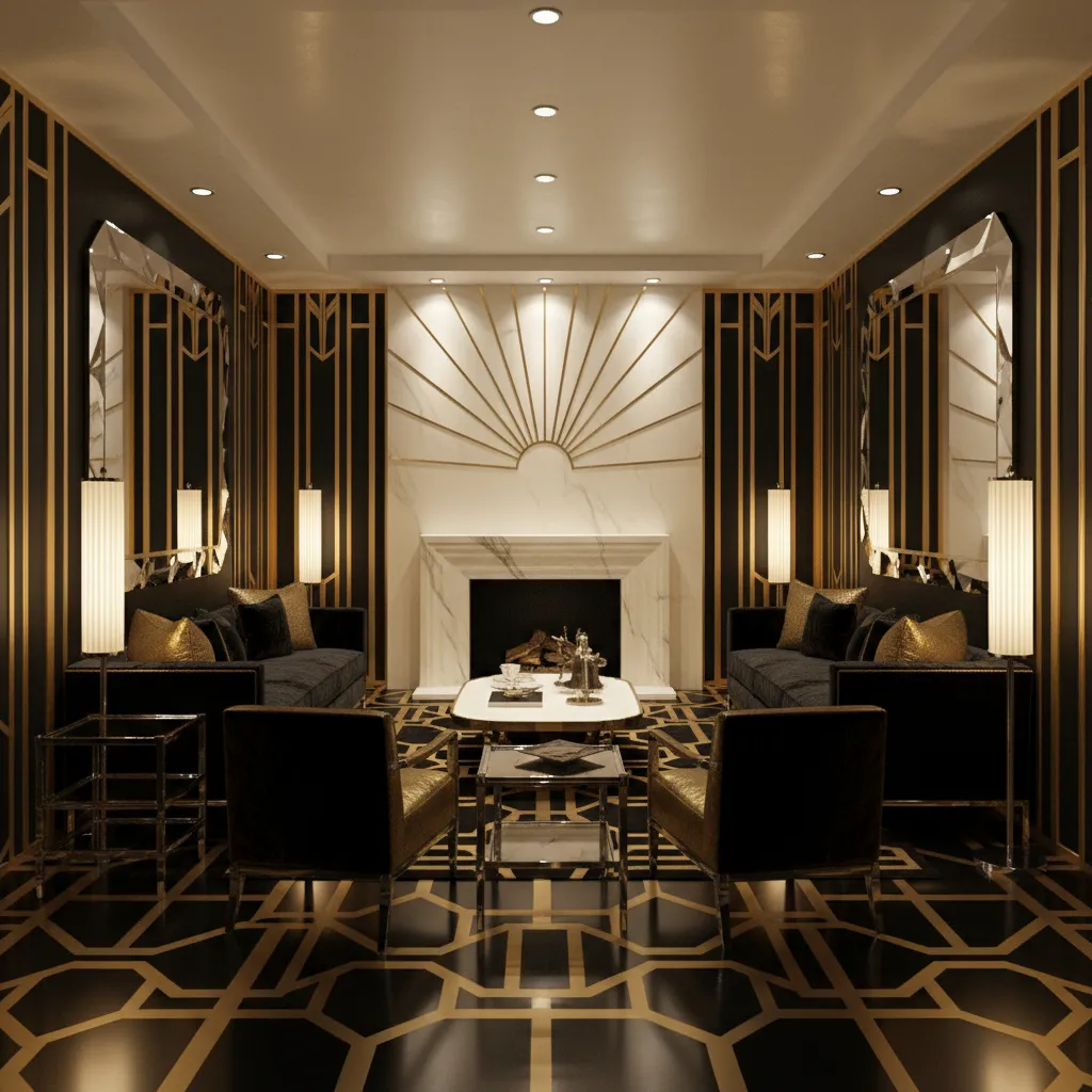 Art Deco living room with geometric patterns and chrome finishes