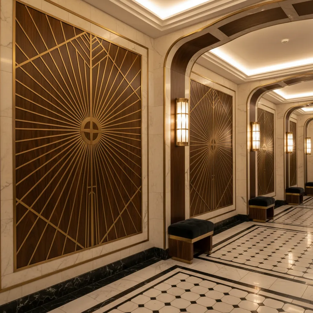 Interior con patrones geométricos y detalles metálicos característicos del estilo Art Deco