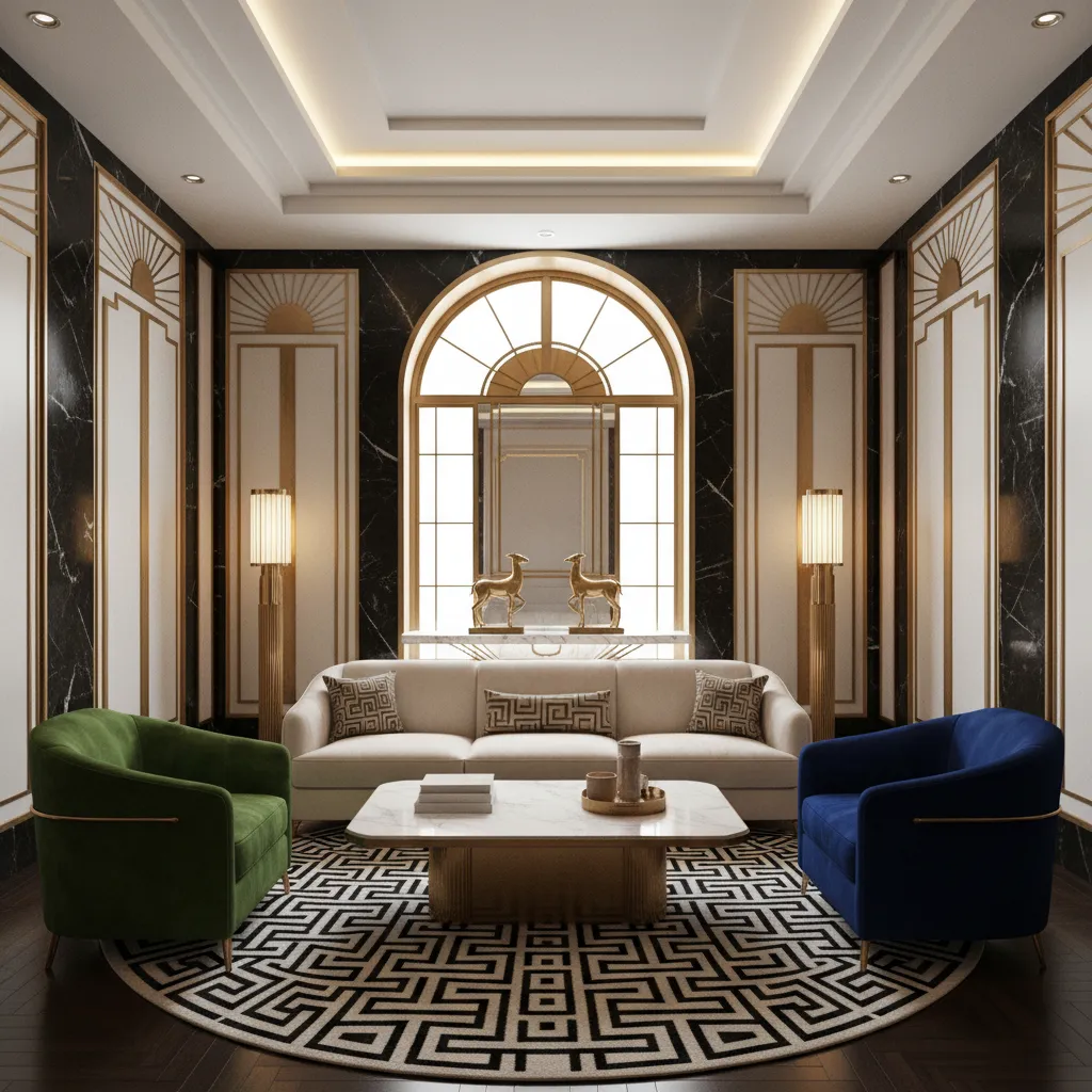 Art Deco living room with geometric symmetry and vertical emphasis