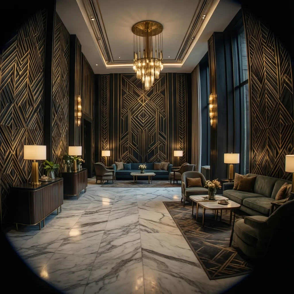 Art Deco inspired hotel lobby with geometric patterns brass lighting and marble floor