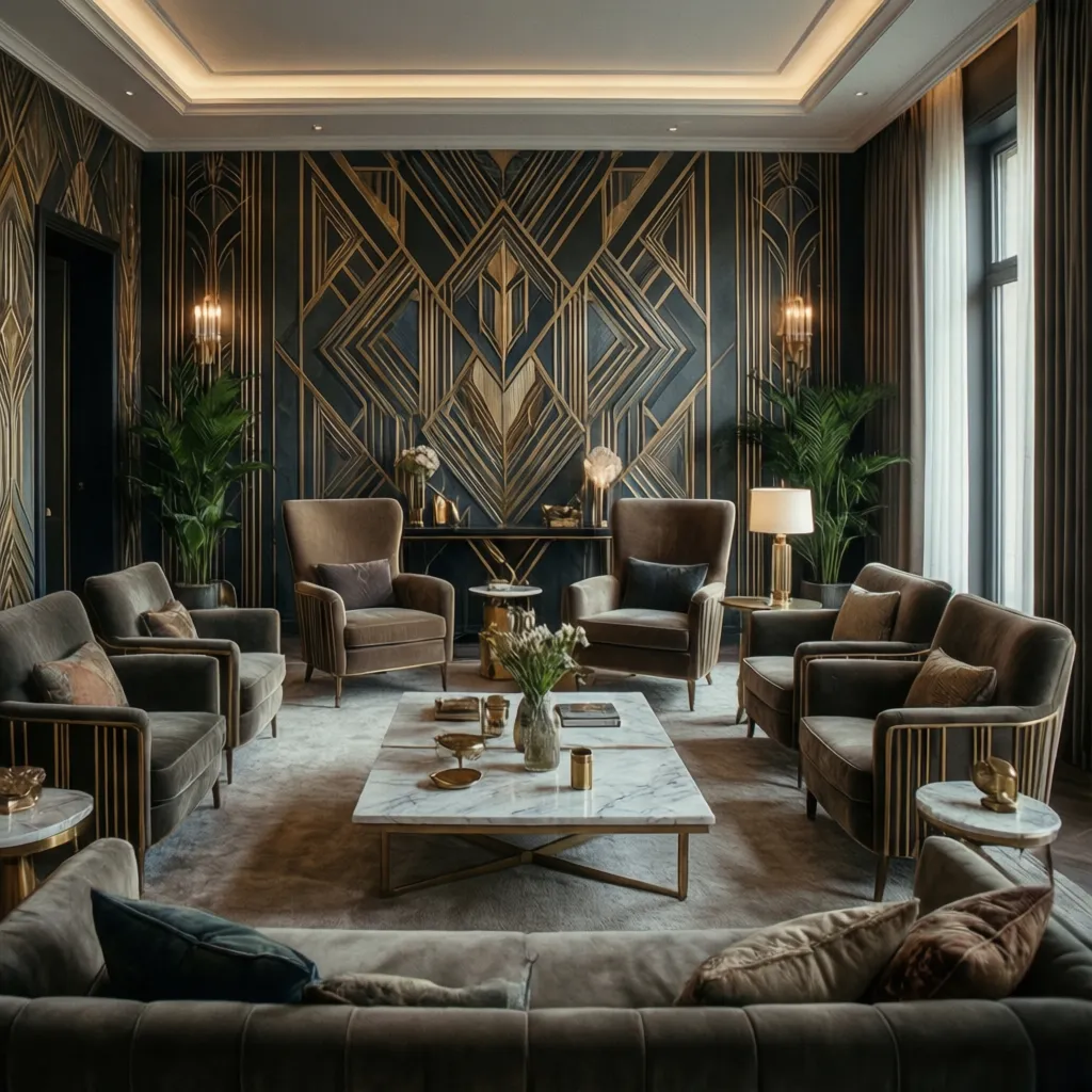 Sala de estar con patrones geométricos y decoración Art Deco