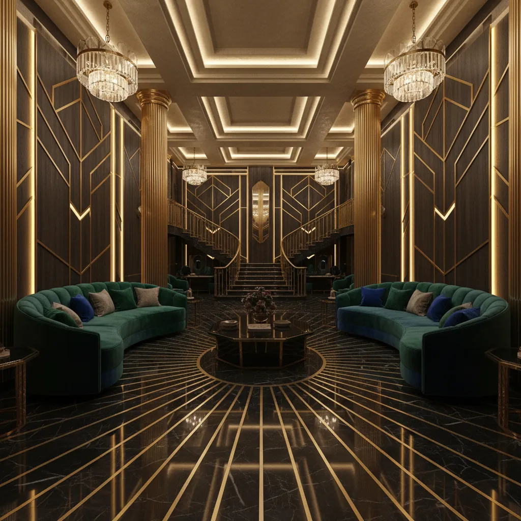 Luxurious Art Deco interior featuring geometric symmetry and gold accents