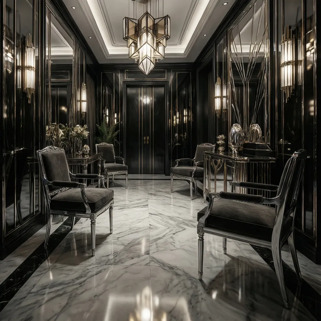 Art Deco interior with marble chrome and glossy surfaces