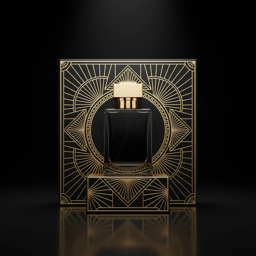 Luxury perfume packaging inspired by Art Deco geometric patterns and gold accents