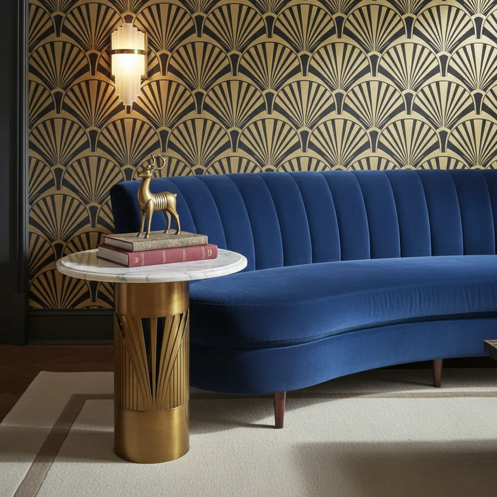 Detalle de materiales Art Deco como terciopelo, mármol y metal dorado