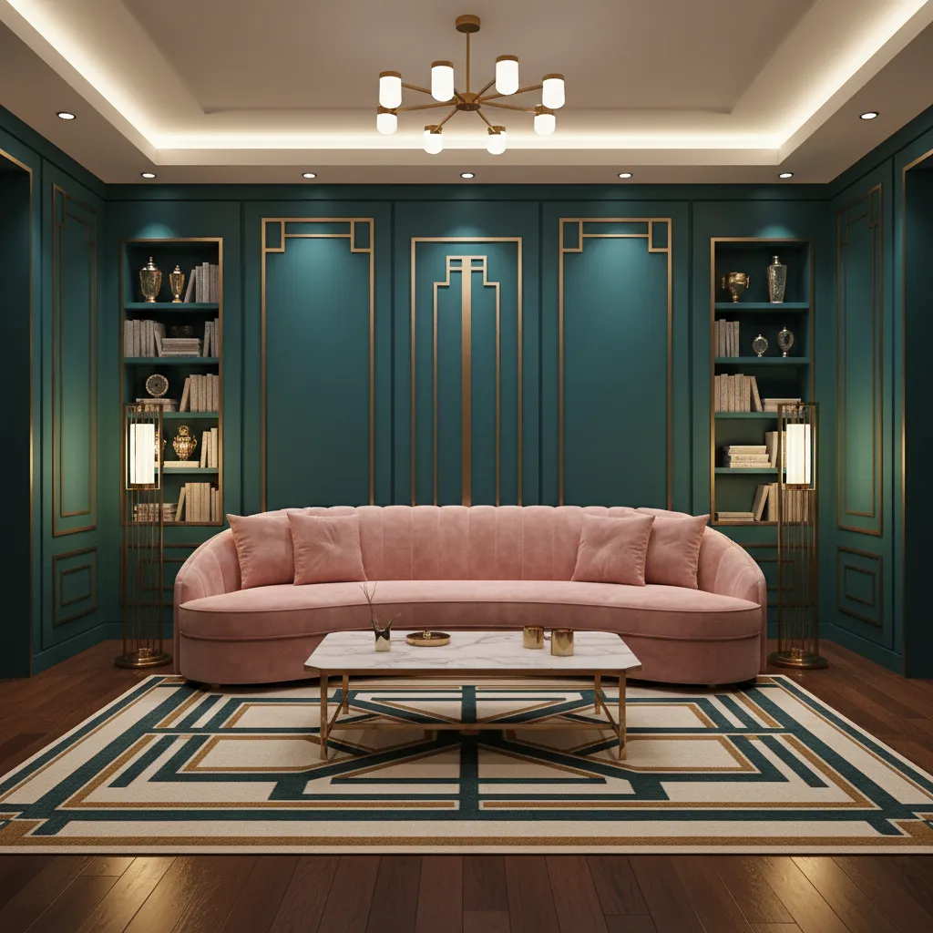 Art Deco inspired living room with teal walls pink velvet sofa and brass lighting