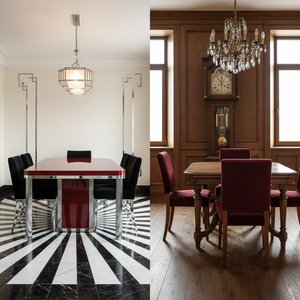 Comparison of glossy Art Deco dining materials and traditional dark wood furniture